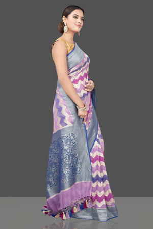 Shop stunning shaded lavender sari online in USA with chevron zari pattern. Get your hands on beautiful Indian handloom sarees, pure silk saris, designer sarees, embroidered sarees, Banarasi sarees from Pure Elegance Indian fashion store in USA.-side