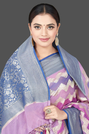 Shop stunning shaded lavender sari online in USA with chevron zari pattern. Get your hands on beautiful Indian handloom sarees, pure silk saris, designer sarees, embroidered sarees, Banarasi sarees from Pure Elegance Indian fashion store in USA.-closeup
