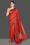 Shop stunning red tussar silk saree online in USA with golden zari border. Be the center of attraction at weddings and special occasions in exquisite designer sarees, handwoven silk saris, embroidered sarees, pure silk sarees from Pure Elegance Indian fashion store in USA.-full view