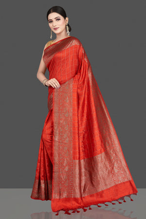 Shop stunning red tussar silk saree online in USA with golden zari border. Be the center of attraction at weddings and special occasions in exquisite designer sarees, handwoven silk saris, embroidered sarees, pure silk sarees from Pure Elegance Indian fashion store in USA.-pallu