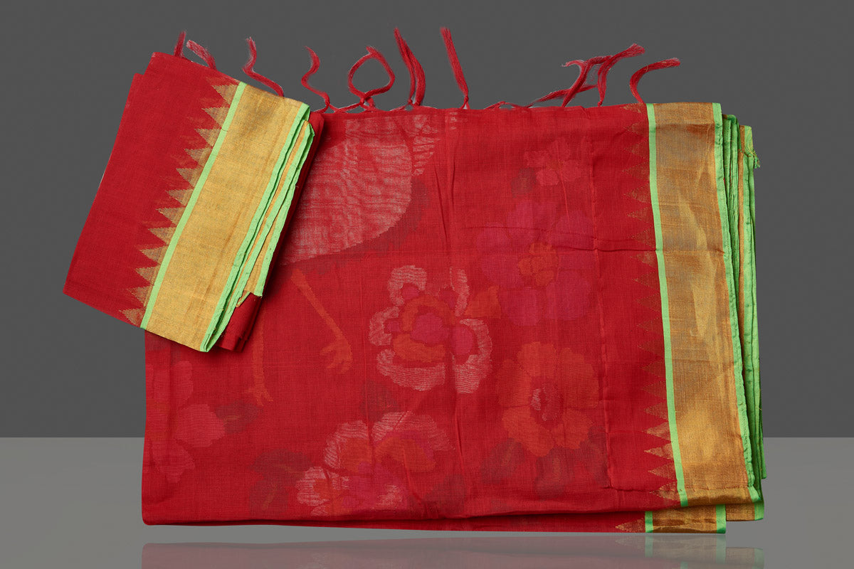 Shop beautiful red khadi sari online in USA with swan and floral design pallu. Be the center of attraction at weddings and special occasions in exquisite designer sarees, handwoven silk sarees, embroidered saris, pure silk sarees from Pure Elegance Indian fashion store in USA.-blouse