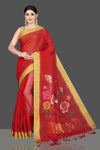 Shop beautiful red khadi sari online in USA with swan and floral design pallu. Be the center of attraction at weddings and special occasions in exquisite designer sarees, handwoven silk sarees, embroidered saris, pure silk sarees from Pure Elegance Indian fashion store in USA.-full view