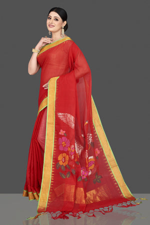 Shop beautiful red khadi sari online in USA with swan and floral design pallu. Be the center of attraction at weddings and special occasions in exquisite designer sarees, handwoven silk sarees, embroidered saris, pure silk sarees from Pure Elegance Indian fashion store in USA.-pallu