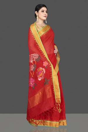 Shop beautiful red khadi sari online in USA with swan and floral design pallu. Be the center of attraction at weddings and special occasions in exquisite designer sarees, handwoven silk sarees, embroidered saris, pure silk sarees from Pure Elegance Indian fashion store in USA.-right