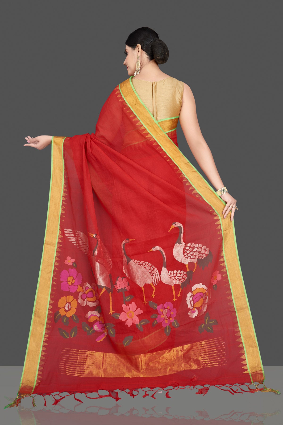 Shop beautiful red khadi sari online in USA with swan and floral design pallu. Be the center of attraction at weddings and special occasions in exquisite designer sarees, handwoven silk sarees, embroidered saris, pure silk sarees from Pure Elegance Indian fashion store in USA.-back