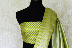 Shop gorgeous lavender Kanjivaram sari online in USA with green zari border. Be the center of attraction at parties and weddings in exclusive Kanchipuram silk sarees, pure silk sarees, handloom silk sarees, Banarasi silk sarees from Pure Elegance Indian fashion store in USA.-blouse pallu