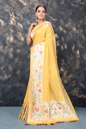Shop stunning yellow georgette tussar Paithani silk saree online in USA. Keep your ethnic wardrobe updated with an exclusive range of designer sarees, pure silk sarees, handloom sarees, embroidered sarees, printed sarees, fancy sari from Pure Elegance Indian fashion store in USA.-pallu