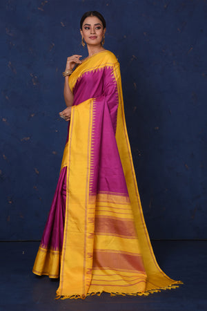 Shop stunning purple Kanjeevaram silk sari online in USA with yellow border and pallu. Be the center of attraction on special occasions in stunning designer sarees, handloom sarees, Kanchipuram silk sarees, pure silk sarees from Pure Elegance Indian fashion store in USA.-pallu