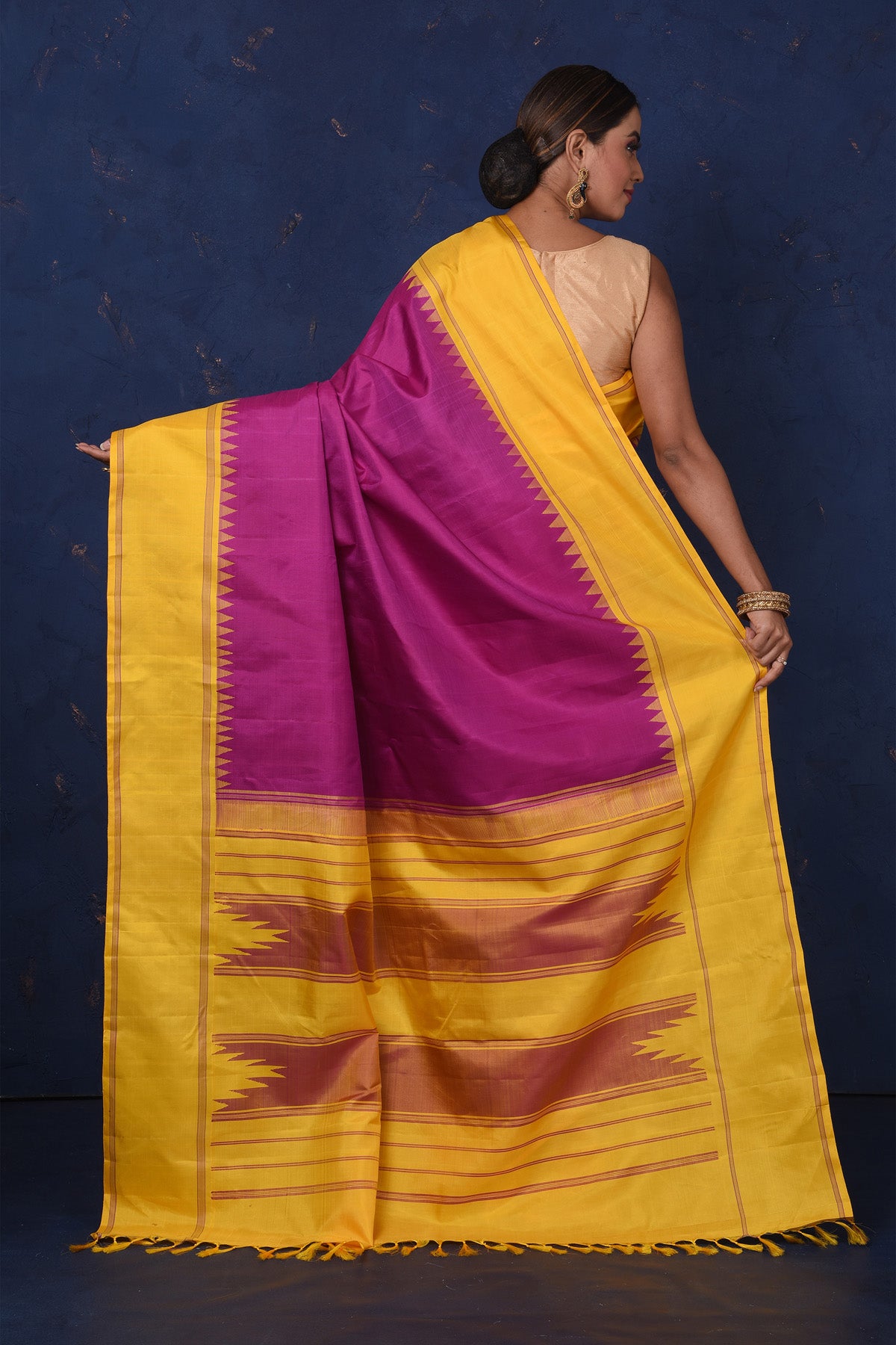 Shop stunning purple Kanjeevaram silk sari online in USA with yellow border and pallu. Be the center of attraction on special occasions in stunning designer sarees, handloom sarees, Kanchipuram silk sarees, pure silk sarees from Pure Elegance Indian fashion store in USA.-back
