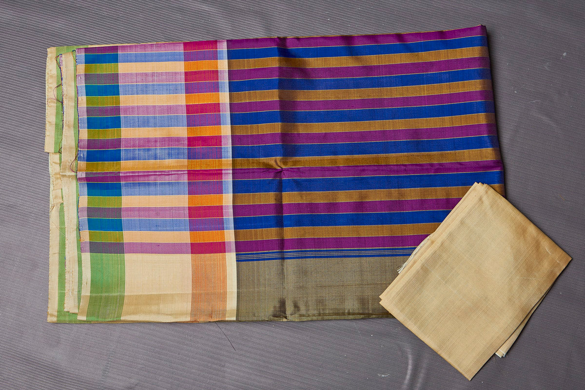 90M387 Purple and Blue Stripes Kanjivaram Saree with Cream Border
