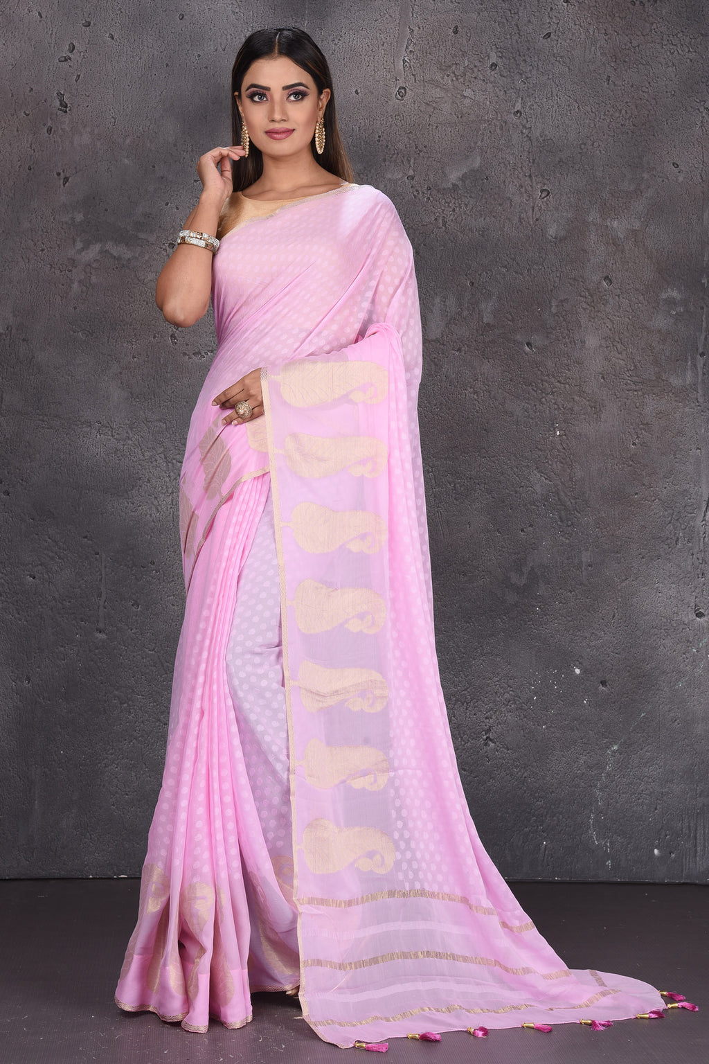 Buy beautiful light pink Mysore silk saree online in USA with paisley zari border. Keep your ethnic wardrobe up to date with latest designer sarees, pure silk sarees, handwoven sarees, tussar silk sarees, embroidered sarees, printed sarees from Pure Elegance Indian saree store in USA.-full view