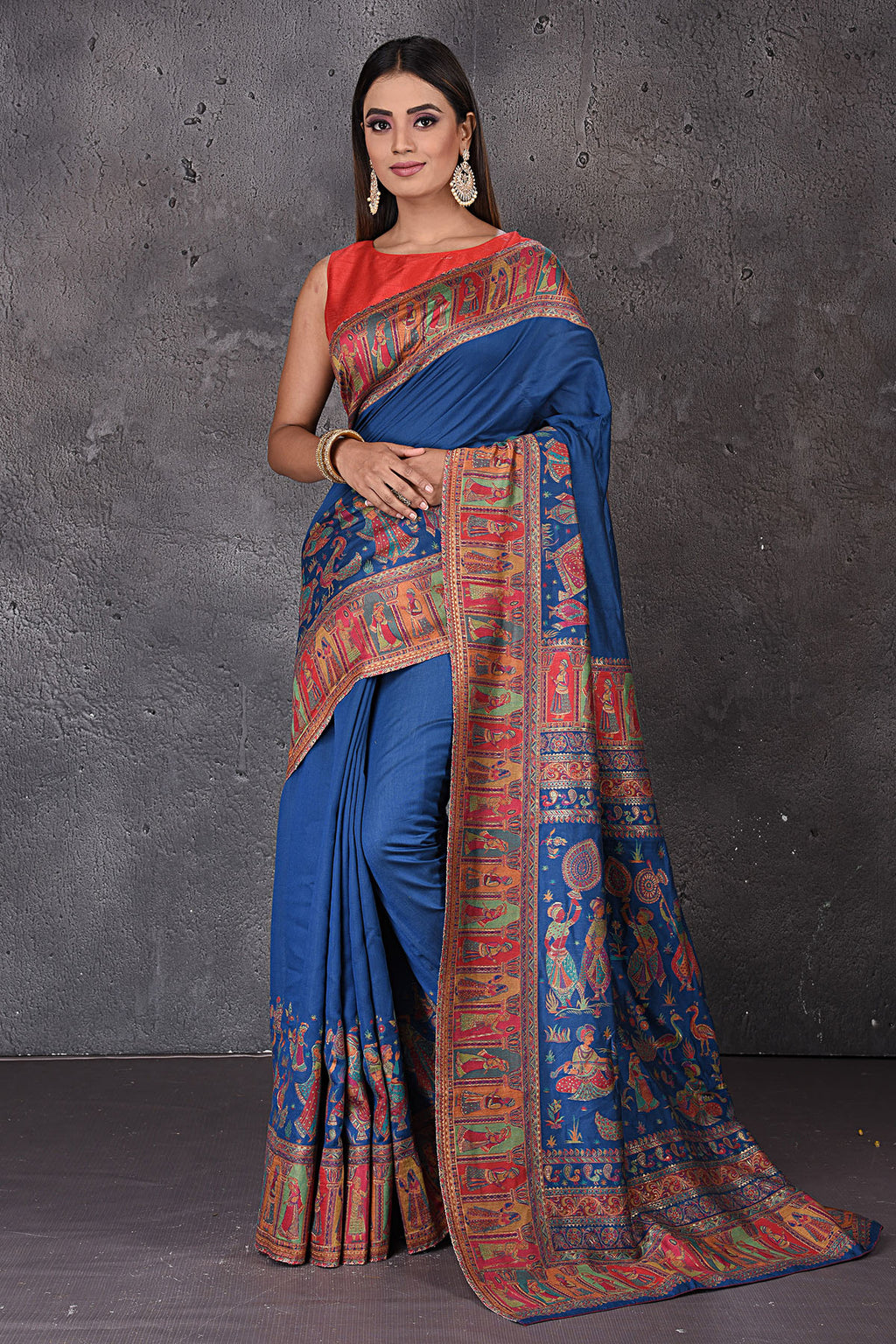 Shop stunning blue Kani weave tussar silk sari online in USA. Keep your ethnic wardrobe up to date with latest designer sarees, pure silk sarees, handwoven sarees, tussar silk sarees, embroidered sarees from Pure Elegance Indian saree store in USA.-full view
