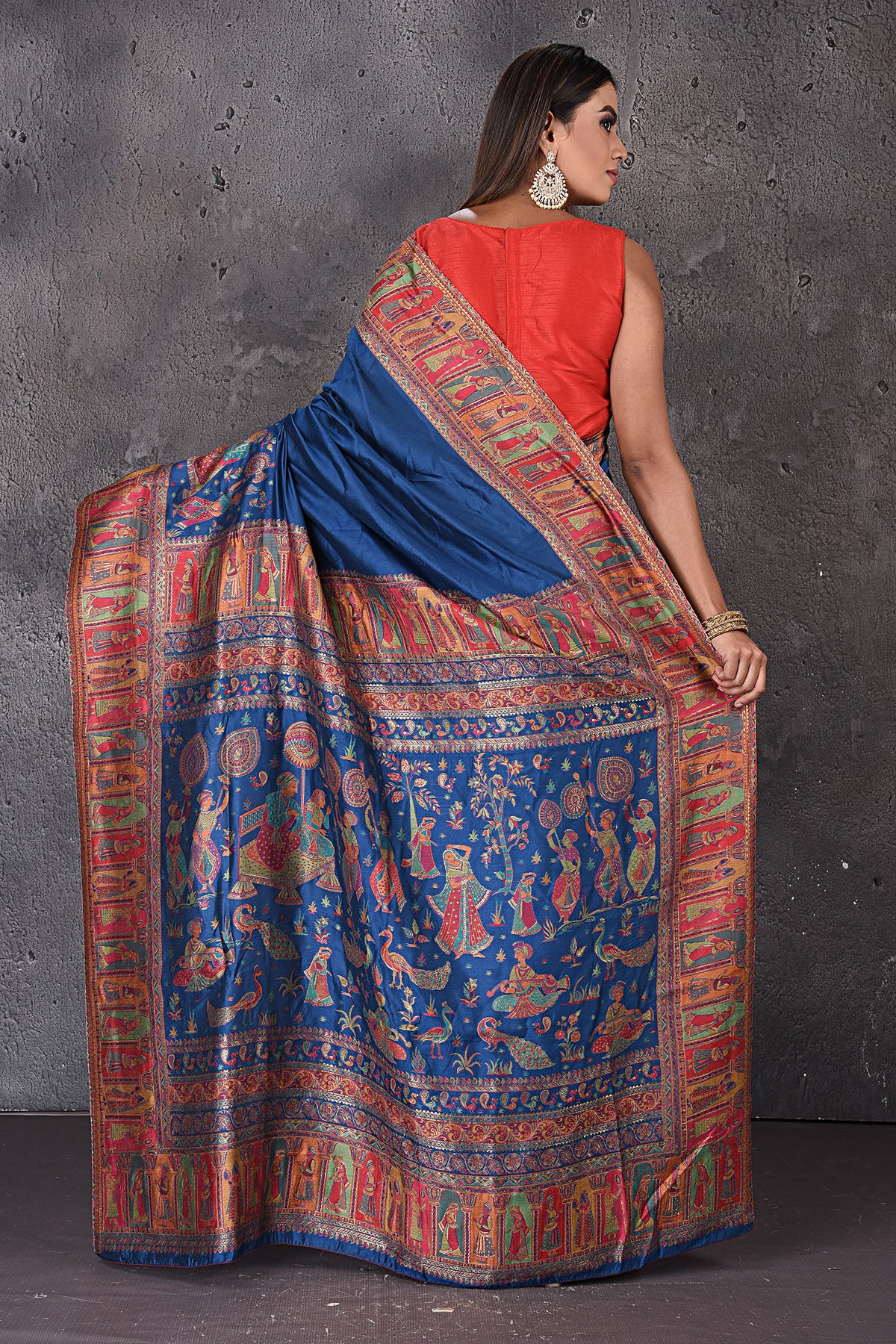Shop stunning blue Kani weave tussar silk sari online in USA. Keep your ethnic wardrobe up to date with latest designer sarees, pure silk sarees, handwoven sarees, tussar silk sarees, embroidered sarees from Pure Elegance Indian saree store in USA.-back