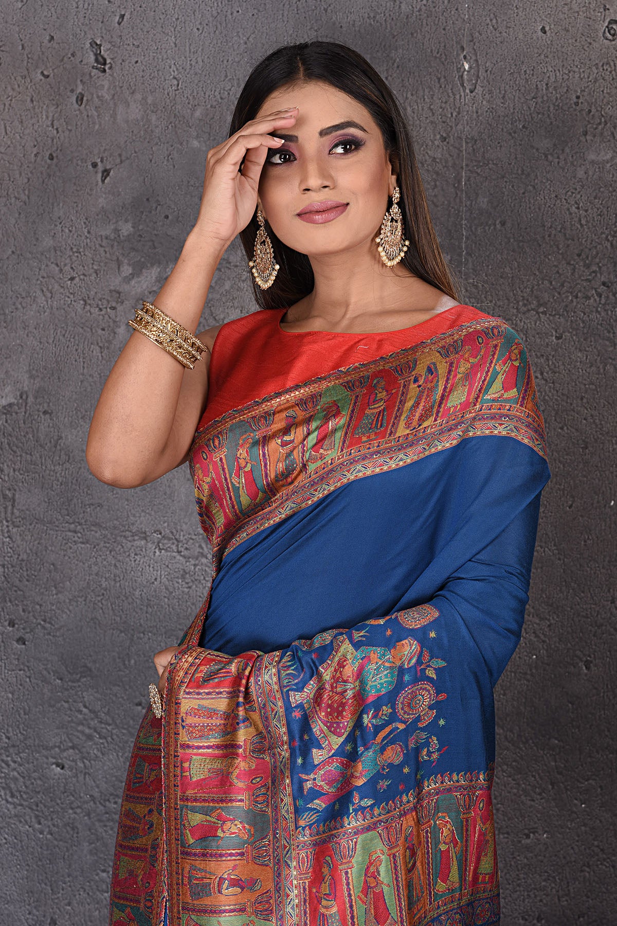 Shop stunning blue Kani weave tussar silk sari online in USA. Keep your ethnic wardrobe up to date with latest designer sarees, pure silk sarees, handwoven sarees, tussar silk sarees, embroidered sarees from Pure Elegance Indian saree store in USA.-closeup