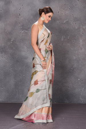 Buy stunning sage green leaf print Kota silk saree online in USA. Keep your ethnic wardrobe up to date with latest designer sarees, pure silk sarees, handwoven sarees, tussar silk sarees, embroidered sarees from Pure Elegance Indian saree store in USA.-side