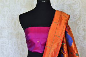 Shop stunning purple handloom silk Paithani saree online in USA with red zari border. Flaunt your sartorial choices on special occasions in stunning designer sarees, embroidered sarees, handloom sarees, Banarasi sarees, crepe sarees from Pure Elegance Indian fashion store in USA.-blouse pallu
