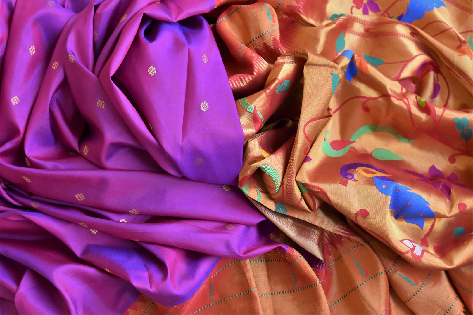 Shop stunning purple handloom silk Paithani saree online in USA with red zari border. Flaunt your sartorial choices on special occasions in stunning designer sarees, embroidered sarees, handloom sarees, Banarasi sarees, crepe sarees from Pure Elegance Indian fashion store in USA.-details