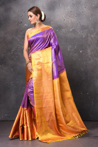 Buy beautiful purple Kanjeevaram silk saree online in USA with yellow zari border. Look elegant on festive occasions in beautiful designer sarees, pure silk sarees, Kanchipuram silk sarees, handloom sarees from Pure Elegance Indian fashion store in USA.-full view