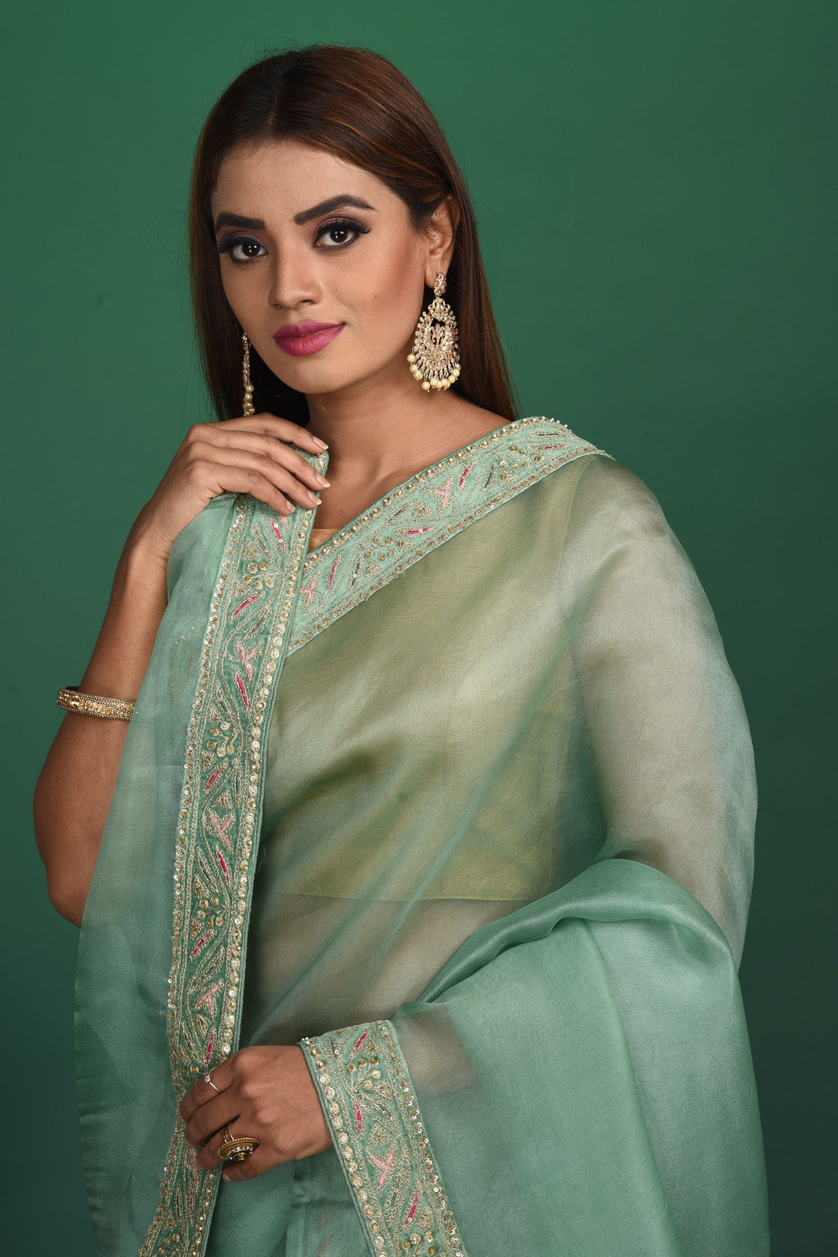 Buy beautiful sage green organza sari online in USA with heavy embroidery blouse. Keep your ethnic wardrobe up to date with latest designer sarees, pure silk sarees, handwoven sarees, tussar silk sarees, embroidered sarees, organza saris from Pure Elegance Indian saree store in USA.-closeup