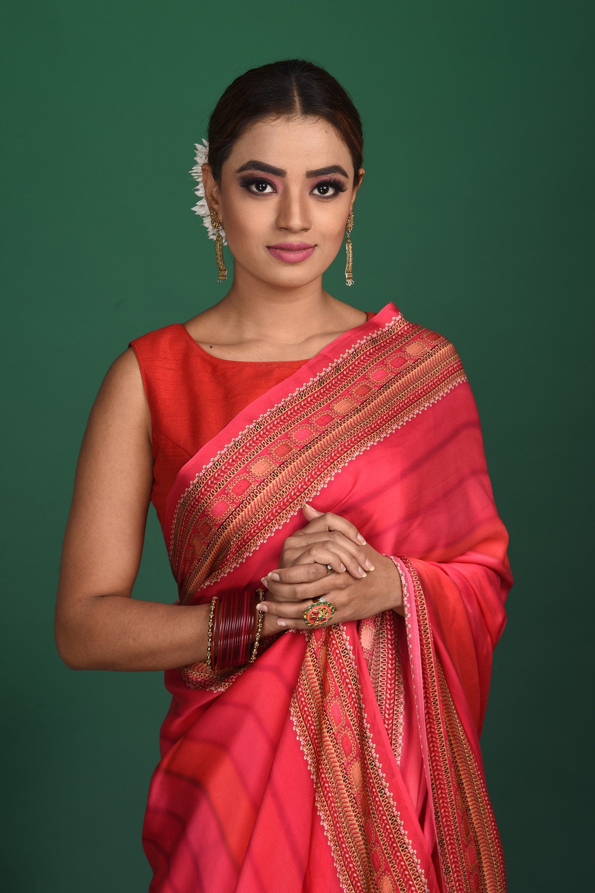 Buy stunning pink striped printed crepe satin saree online in USA. Be a vision of style and elegance at parties and special occasions in beautiful designer sarees, embroidered sarees, printed sarees, satin saris from Pure Elegance Indian fashion store in USA.-closeup