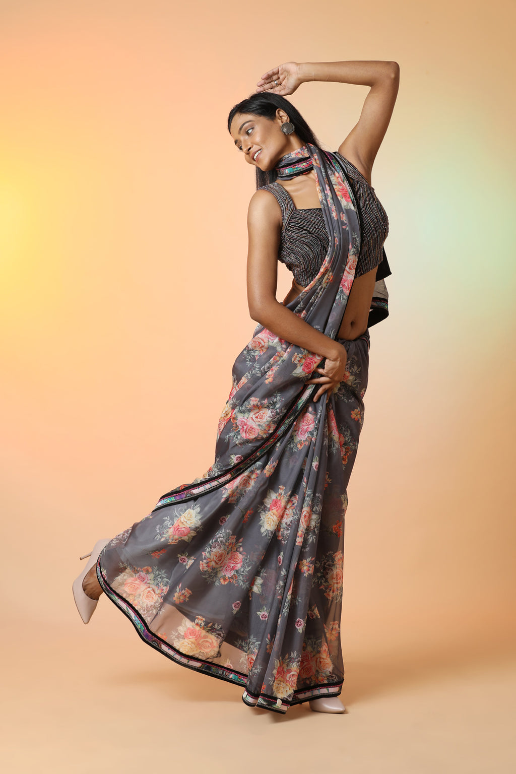 Buy stunning grey floral crepe saree online in USA with embellished saree blouse. Radiate glamor on special occasions in exquisite designer sarees, embroidered sarees, partywear saris, Bollywood sarees, fancy sarees from from Pure Elegance Indian saree store in USA.-full view