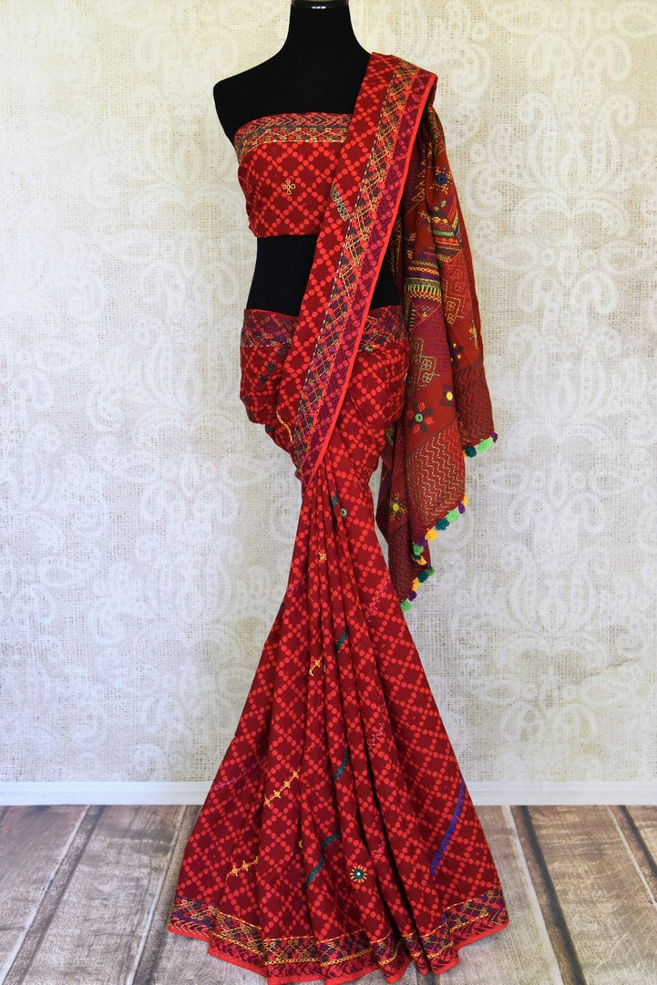 Buy beautiful red printed Kantha and mirror work cotton saree online in USA. Look elegant on special occasions in beautiful printed sarees, silk sarees, tussar sarees, handloom sarees, Kanchipuram sarees from Pure Elegance Indian saree store in USA.-full view