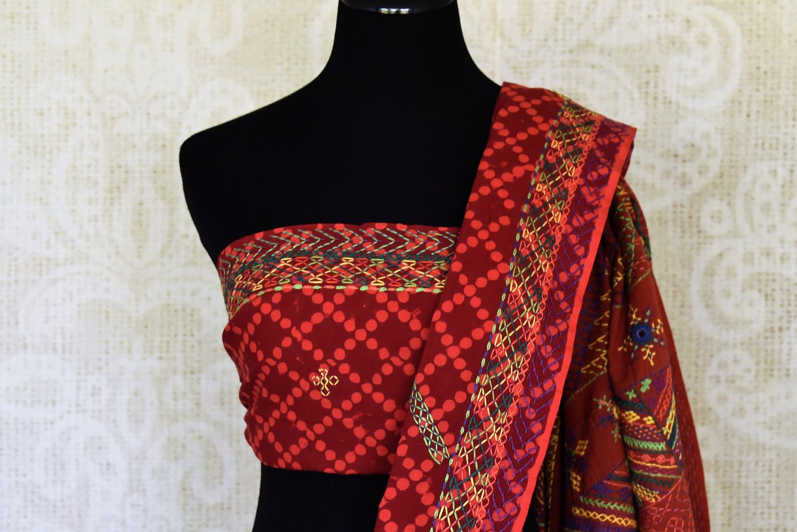 Buy beautiful red printed Kantha and mirror work cotton saree online in USA. Look elegant on special occasions in beautiful printed sarees, silk sarees, tussar sarees, handloom sarees, Kanchipuram sarees from Pure Elegance Indian saree store in USA.-blouse