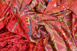 Buy beautiful red printed Kantha and mirror work cotton saree online in USA. Look elegant on special occasions in beautiful printed sarees, silk sarees, tussar sarees, handloom sarees, Kanchipuram sarees from Pure Elegance Indian saree store in USA.-details