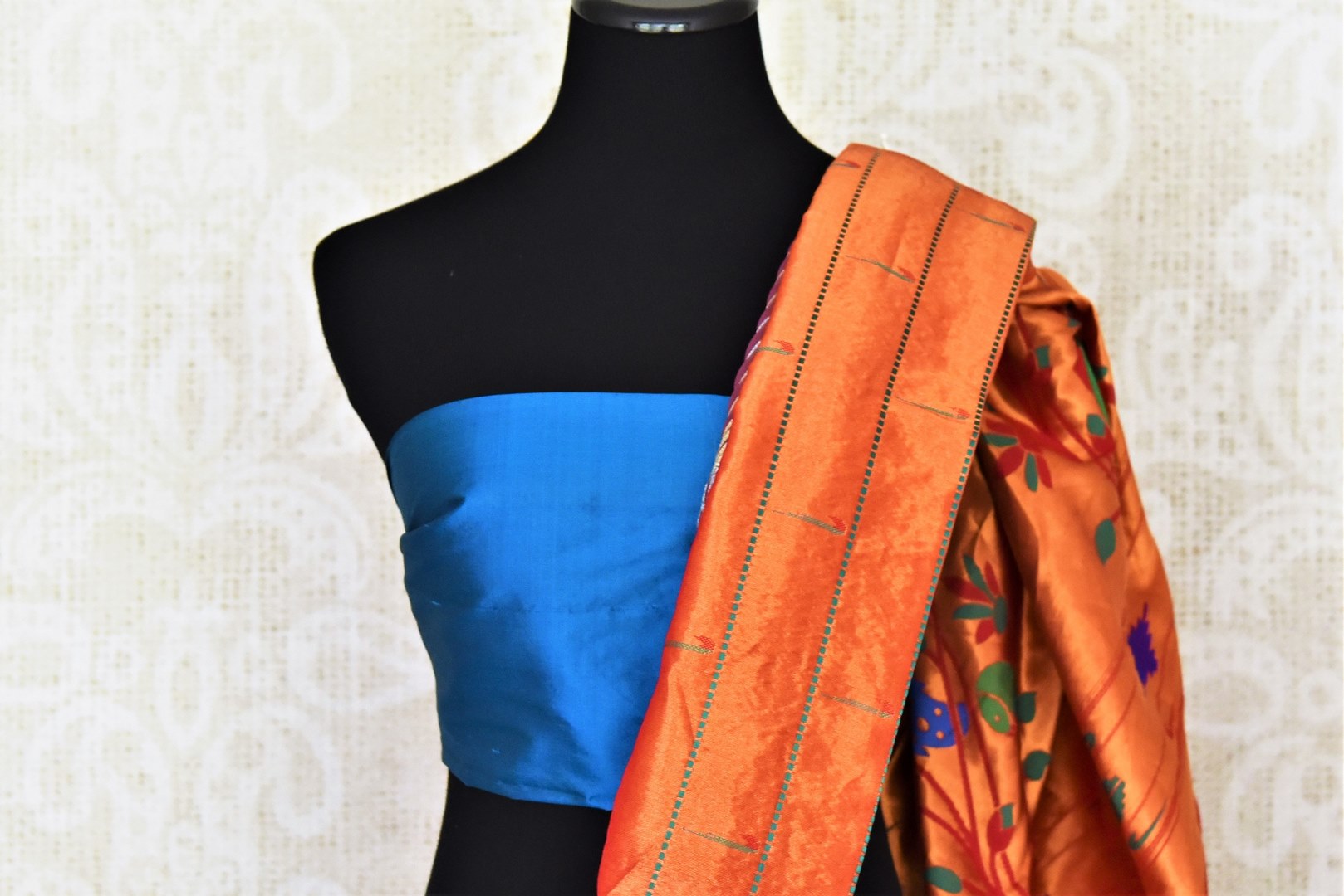 Shop beautiful purple gota work Paithani saree online in USA. Keep your ethnic wardrobe up to date with latest designer sarees, pure silk sarees, handwoven sarees, tussar silk sarees, embroidered saris, Paithani sarees from Pure Elegance Indian saree store in USA.-closeup