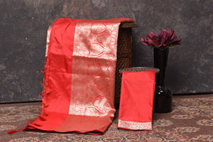 Shop beautiful red silk saree online in USA with heavy zari work. Be vision of elegance on special occasions in exquisite designer sarees, handwoven sarees, georgette sarees, embroidered sarees, Banarasi saree, pure silk saris from Pure Elegance Indian saree store in USA.-blouse