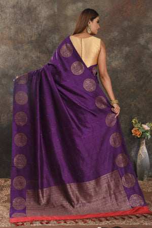 Shop purple tussar Banarasi sari online in USA with antique zari buta. Be vision of elegance on special occasions in exquisite designer sarees, handwoven sarees, georgette sarees, embroidered sarees, Banarasi saree, pure silk saris from Pure Elegance Indian saree store in USA.-back