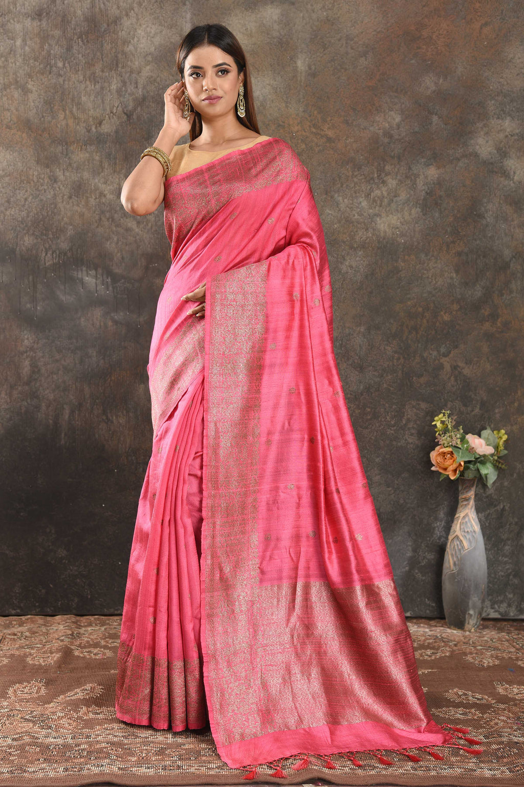 Buy beautiful pink tussar Banarasi saree online in USA with antique zari border. Be vision of elegance on special occasions in exquisite designer sarees, handwoven sarees, georgette sarees, embroidered sarees, Banarasi saree, pure silk saris, tussar sarees from Pure Elegance Indian saree store in USA.-full view