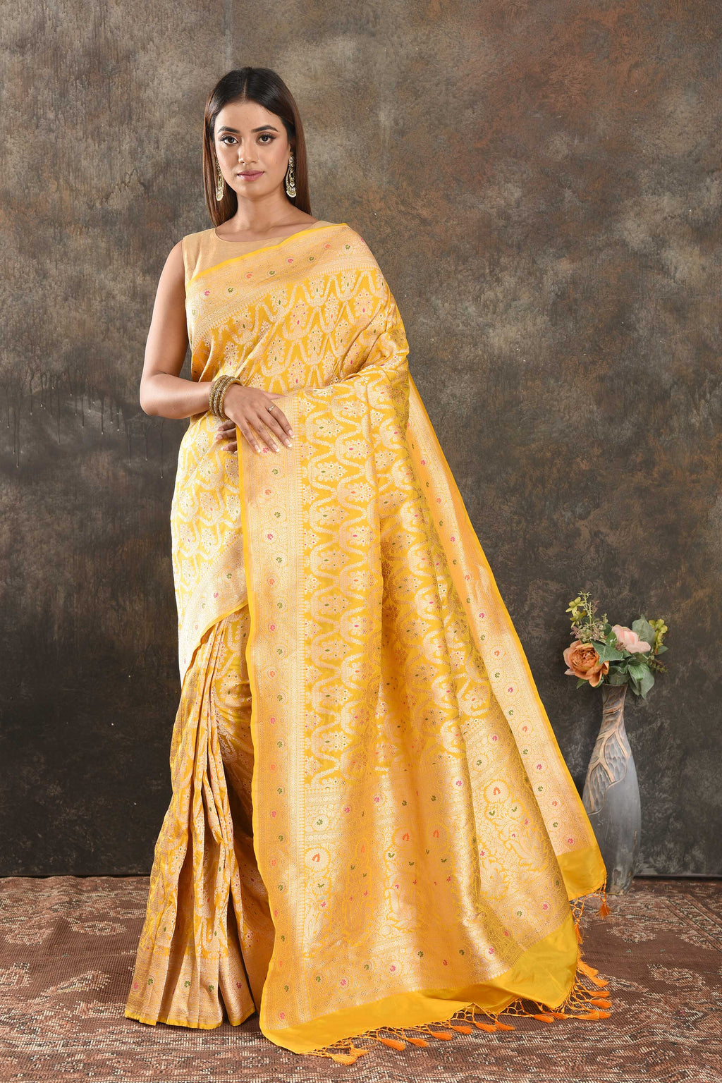 Shop yellow Katan silk Banarasi sari online in USA with zari work. Be vision of elegance on special occasions in exquisite designer sarees, handwoven sarees, georgette sarees, embroidered sarees, Banarasi saree, pure silk saris, tussar sarees from Pure Elegance Indian saree store in USA.-full view