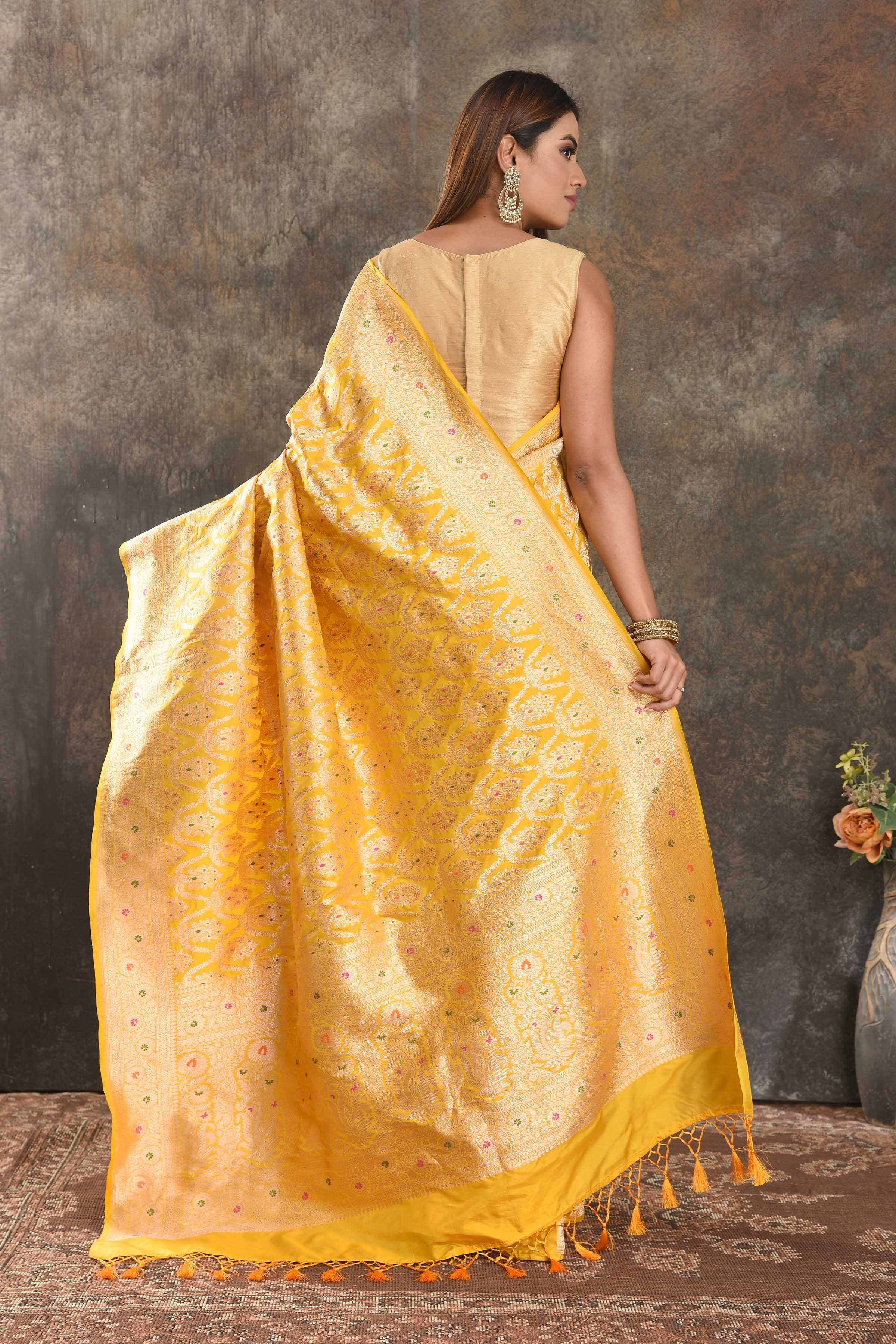 Shop yellow Katan silk Banarasi sari online in USA with zari work. Be vision of elegance on special occasions in exquisite designer sarees, handwoven sarees, georgette sarees, embroidered sarees, Banarasi saree, pure silk saris, tussar sarees from Pure Elegance Indian saree store in USA.- back