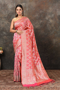 Shop bright pink Banarsi sari online in USA with zari minakari jaal. Look royal at weddings and festive occasions in exquisite Banarasi saris, handwoven sarees, tussar silk sarees, Bollywood sarees, partywear sarees from Pure Elegance Indian saree store in USA.-full view