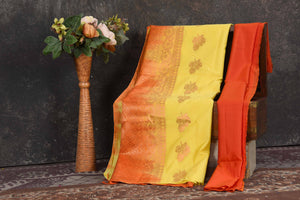 Buy beautiful light yellow Kanjivaram soft silk saree online in USA with orange zari pallu. Be the center of attraction on special occasions in ethnic sarees, designer sarees, embroidered sarees, handwoven sarees, pure silk sarees from Pure Elegance Indian saree store in USA.-blouse