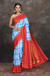 Buy beautiful white and blue check Kanjeevaram sari online in USA with red zari border. Go for a rich traditional look on weddings and festive occasions in pure silk sarees, Kanchipuram silk sarees, handloom sarees, Banarasi sarees from Pure Elegance Indian fashion store in USA.-full view