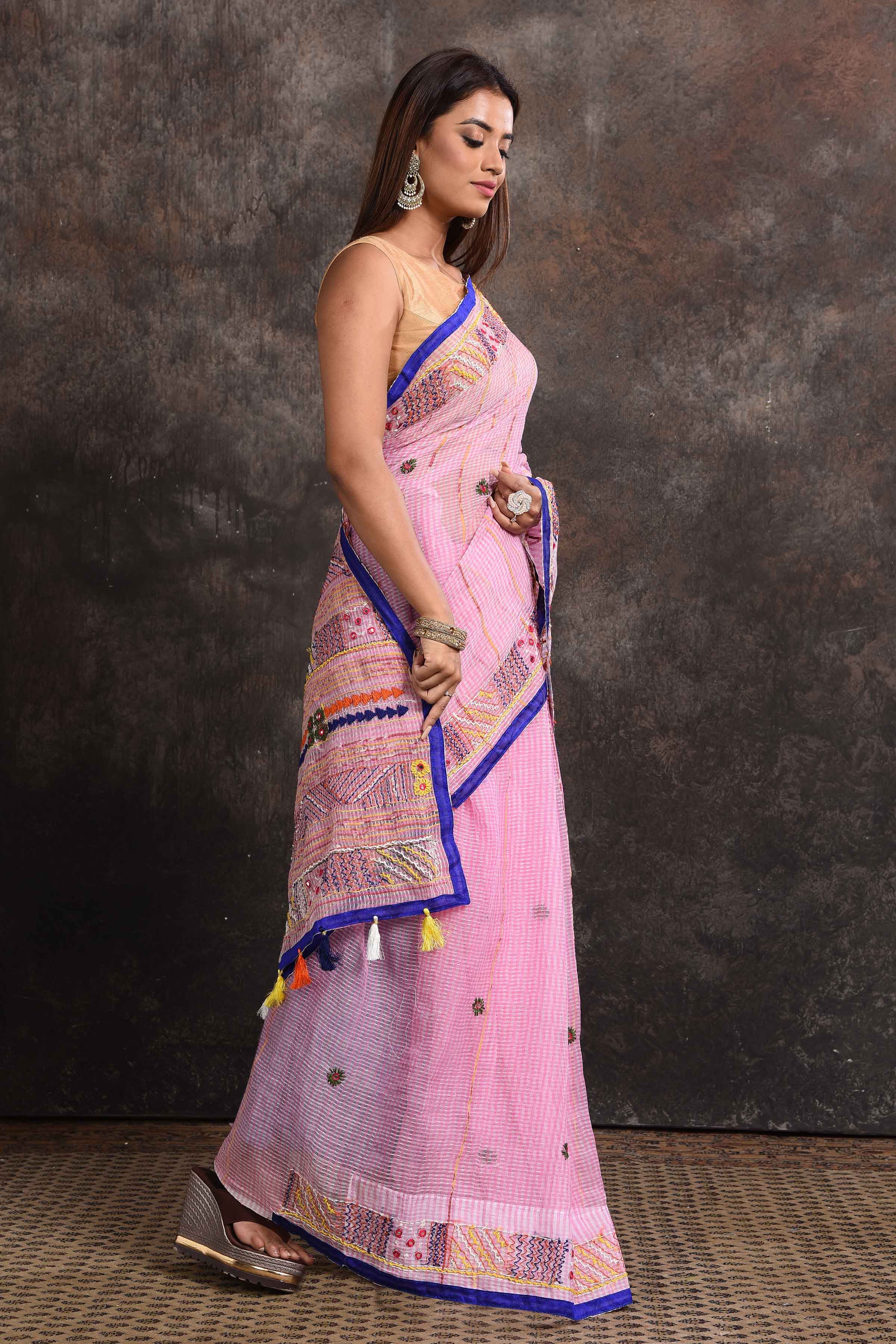 Buy stunning pink resham Kota check saree online in USA with bulian work. Look your ethnic best on festive occasions with latest designer sarees, pure silk sarees, Kanchipuram silk sarees, handwoven sarees, tussar silk sarees, embroidered sarees from Pure Elegance Indian saree store in USA.-side