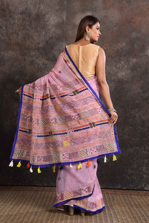 Buy stunning pink resham Kota check saree online in USA with bulian work. Look your ethnic best on festive occasions with latest designer sarees, pure silk sarees, Kanchipuram silk sarees, handwoven sarees, tussar silk sarees, embroidered sarees from Pure Elegance Indian saree store in USA.-back
