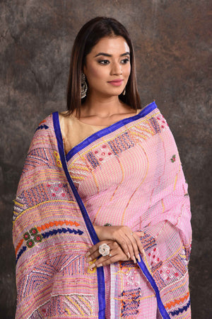 Buy stunning pink resham Kota check saree online in USA with bulian work. Look your ethnic best on festive occasions with latest designer sarees, pure silk sarees, Kanchipuram silk sarees, handwoven sarees, tussar silk sarees, embroidered sarees from Pure Elegance Indian saree store in USA.-closeup