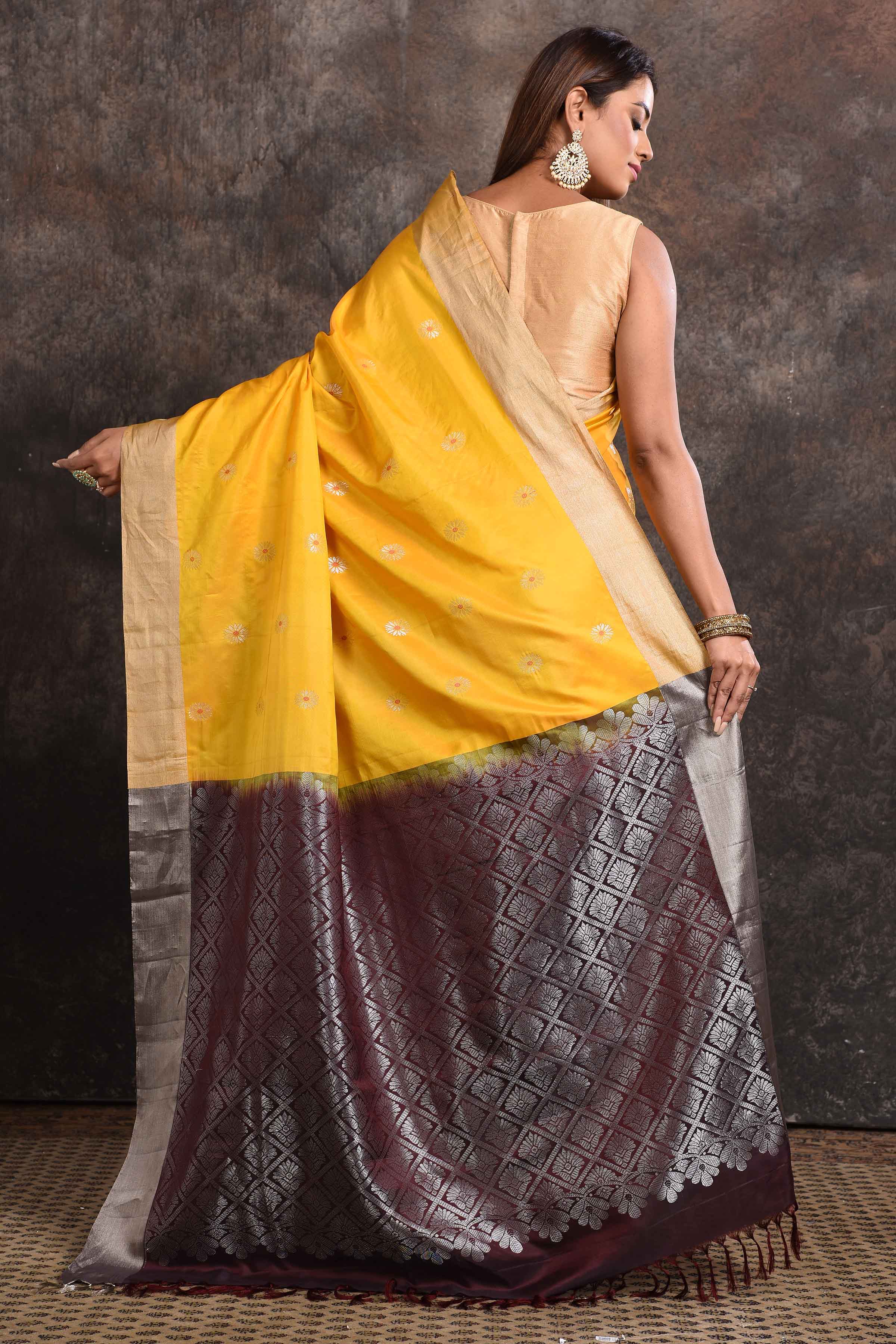 Shop stunning yellow Kanjeevaram silk sari online in USA with black zari pallu. Keep your ethnic wardrobe up to date with latest designer sarees, pure silk sarees, Kanchipuram silk sarees, handwoven sarees, tussar silk sarees, embroidered sarees from Pure Elegance Indian saree store in USA.-back
