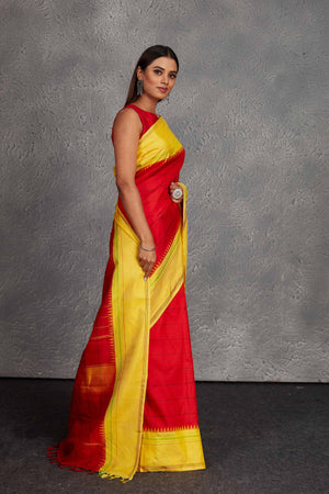 Shop beautiful red Kanjivaram silk saree online in USA with yellow border. Get festive ready in beautiful Kanchipuram silk saris, pure silk sarees, soft silk sarees, tussar silk saris, handwoven sarees, chanderi silk sarees from Pure Elegance Indian fashion store in USA.-side