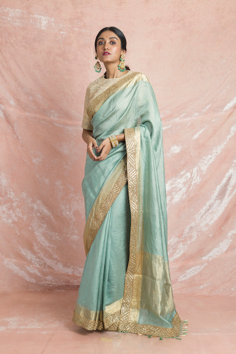 Buy gorgeous mint green embroidered handloom saree online in USA with cream embroidered saree blouse. Champion ethnic fashion on weddings and festivals with a stunning collection of designer sarees, handloom sarees with blouse, wedding sarees, from Pure Elegance Indian fashion store in USA.-full view