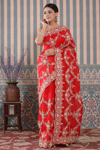Shop stunning red heavy embroidery organza sari online in USA. Make a fashion statement at weddings with stunning designer sarees, embroidered sarees with blouse, wedding sarees, handloom sarees from Pure Elegance Indian fashion store in USA.-full view