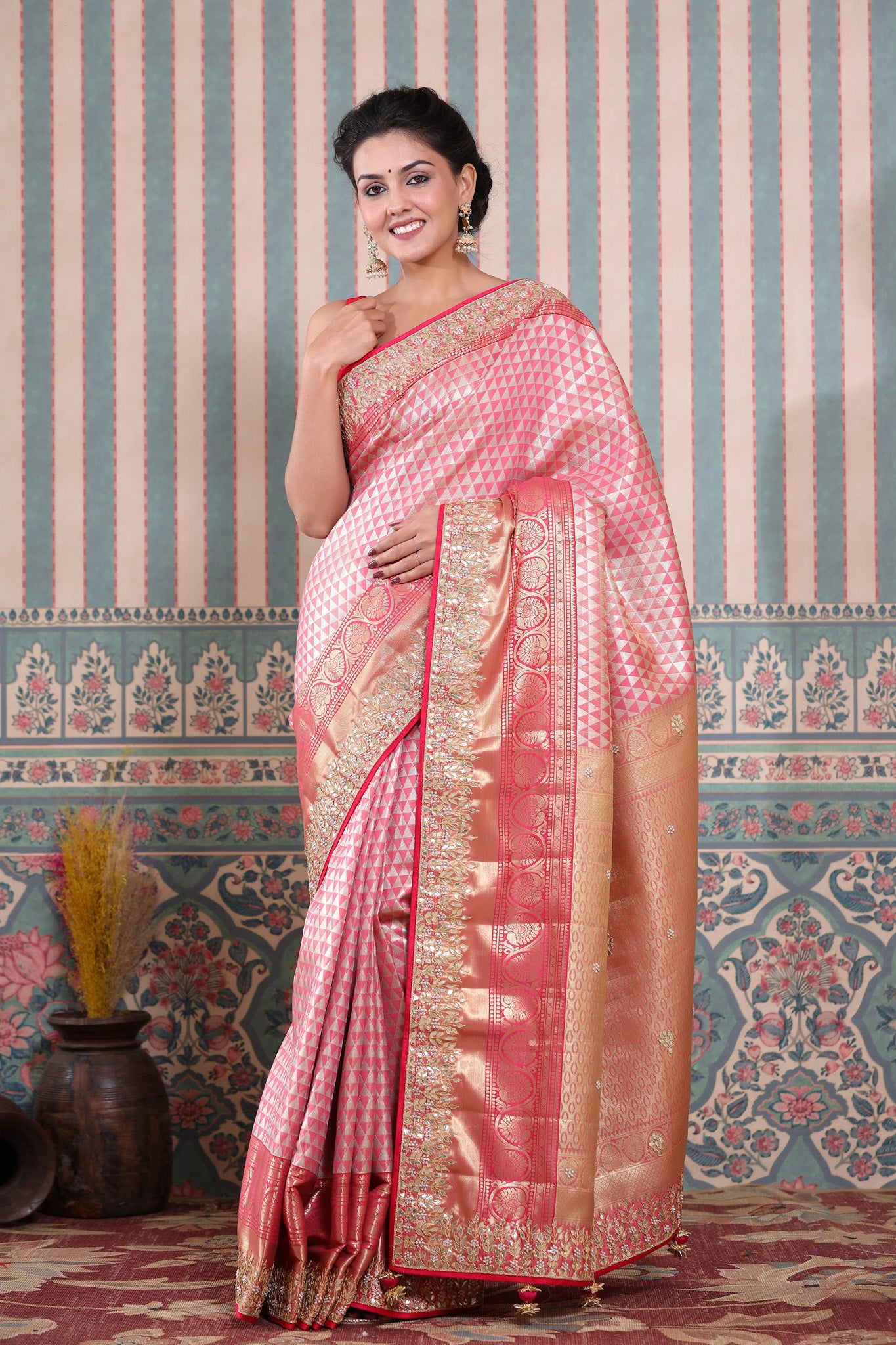 Buy pink Banarasi silk saree online in USA with gota embroidery border. Make a fashion statement at weddings with stunning designer sarees, embroidered sarees with blouse, wedding sarees, handloom sarees from Pure Elegance Indian fashion store in USA.-front
