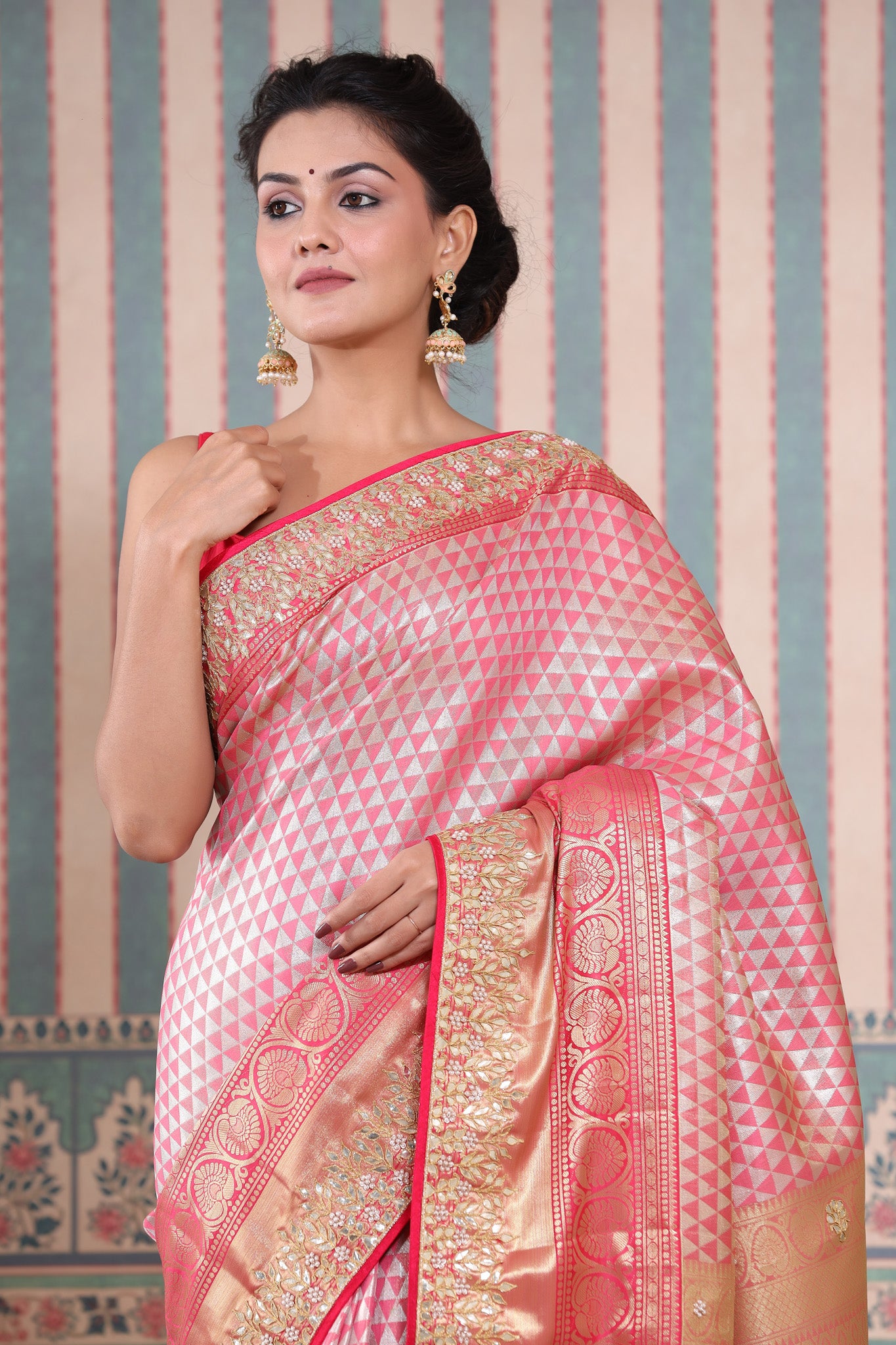 Buy pink Banarasi silk saree online in USA with gota embroidery border. Make a fashion statement at weddings with stunning designer sarees, embroidered sarees with blouse, wedding sarees, handloom sarees from Pure Elegance Indian fashion store in USA.-closeup