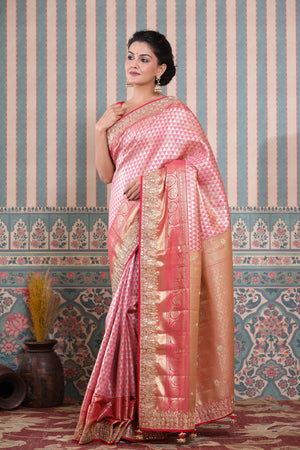 Buy pink Banarasi silk saree online in USA with gota embroidery border. Make a fashion statement at weddings with stunning designer sarees, embroidered sarees with blouse, wedding sarees, handloom sarees from Pure Elegance Indian fashion store in USA.-pallu