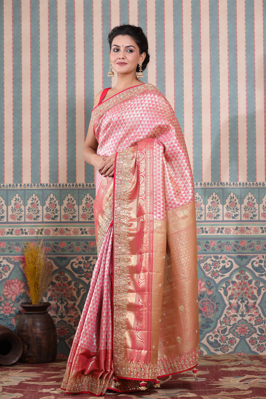 Buy pink Banarasi silk saree online in USA with gota embroidery border. Make a fashion statement at weddings with stunning designer sarees, embroidered sarees with blouse, wedding sarees, handloom sarees from Pure Elegance Indian fashion store in USA.-full view