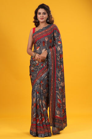 Shop dark grey printed embroidered georgette sari online in USA. Make a fashion statement at weddings with stunning designer sarees, embroidered sarees with blouse, wedding sarees, handloom sarees from Pure Elegance Indian fashion store in USA.-saree