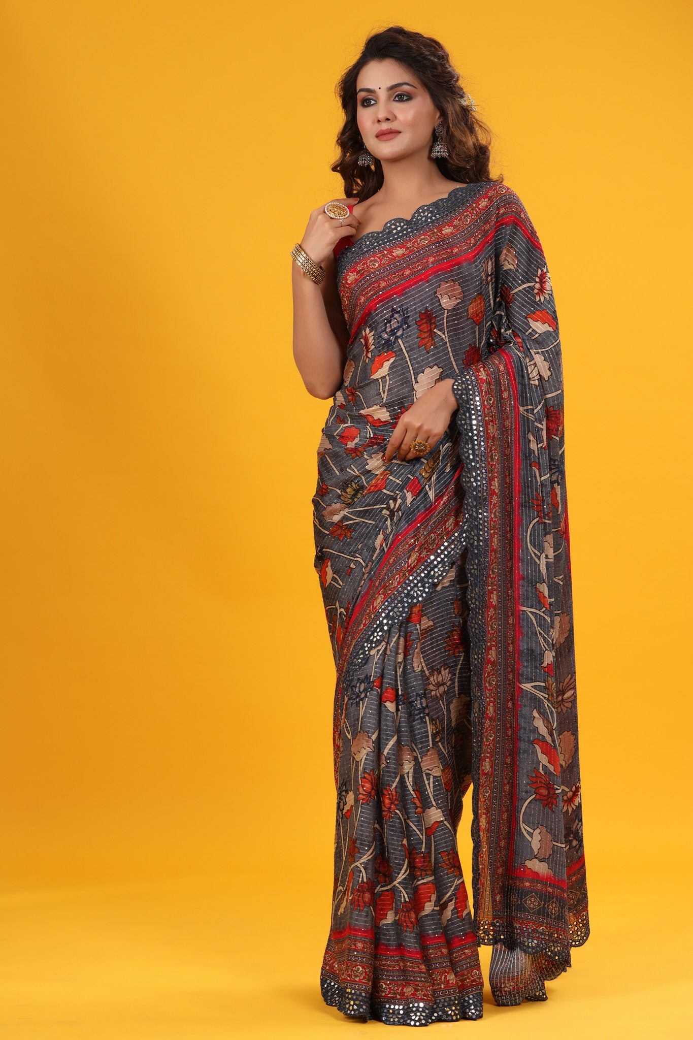 Shop dark grey printed embroidered georgette sari online in USA. Make a fashion statement at weddings with stunning designer sarees, embroidered sarees with blouse, wedding sarees, handloom sarees from Pure Elegance Indian fashion store in USA.-front